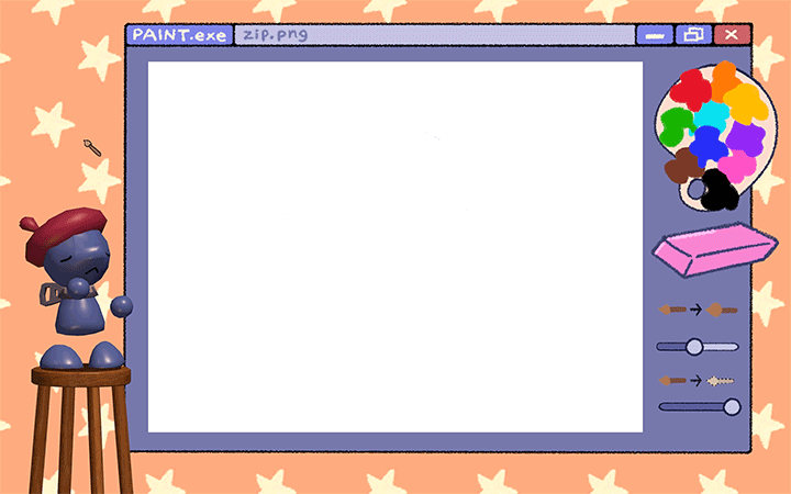 Gif of a drawing program. Zip stands on an stool, thinking, until the cursor is moved over the canvas, where he looks over anticipatingly.