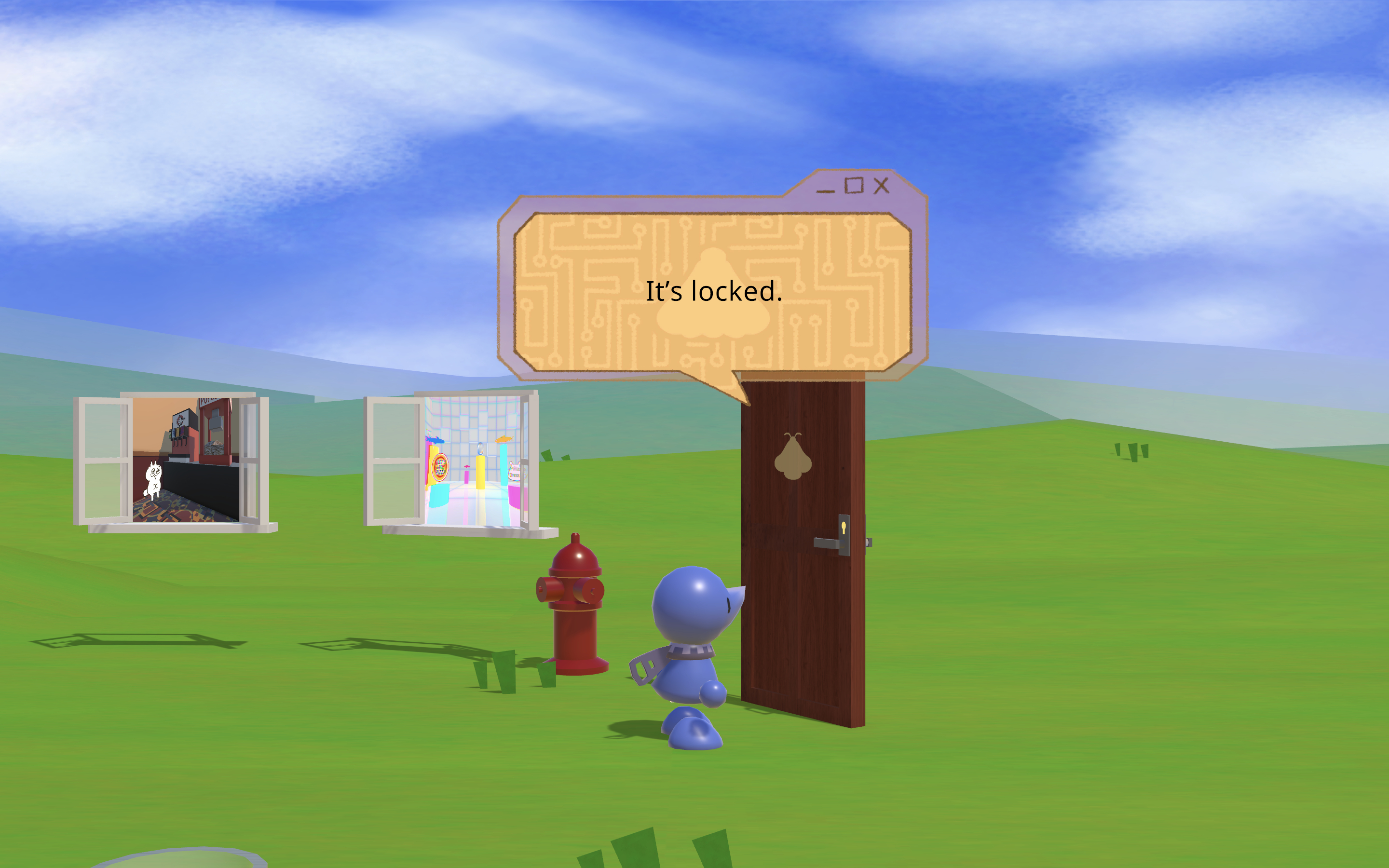 Zip inspecting a brown door with a golden symbol. The text reads: 'It's locked.'