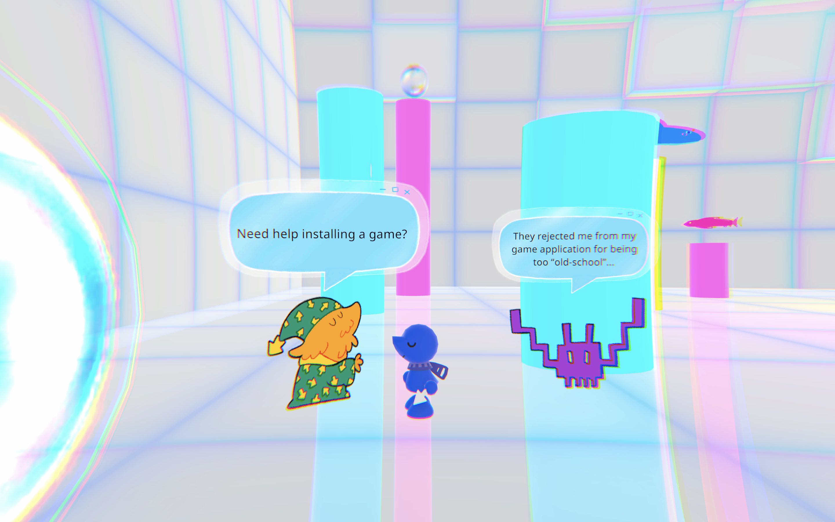A room made of reflective, white cubes with pillars of cyan, magenta and yellow. A wizard asks, 'Need help installing a game?' and a purple creature with long arms and says, 'They rejected me from my game application for being too old school...