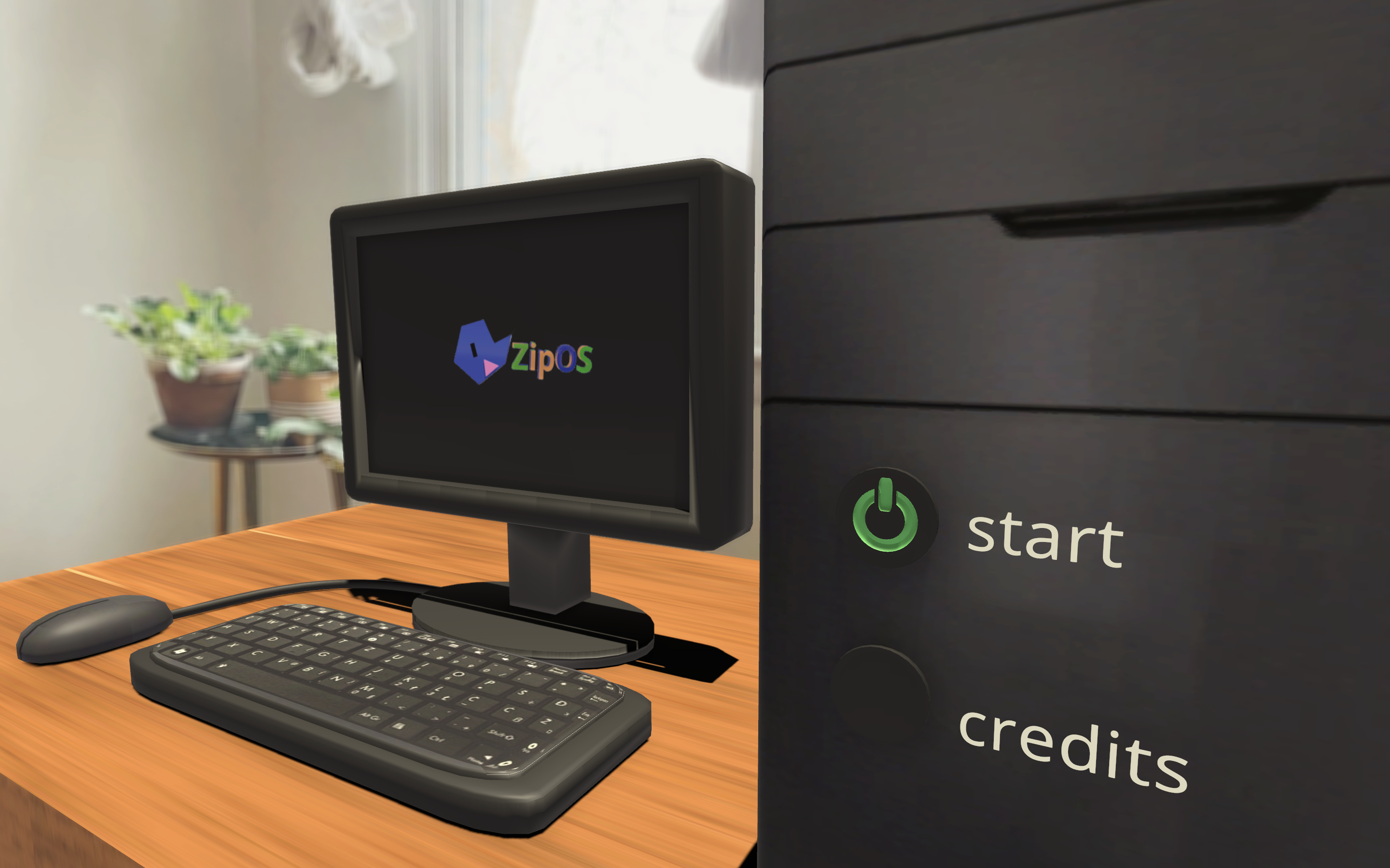 Menu for ZipOS: 2010. A PC and monitor sits on a desk. The PC has the power button as the start button. The monitor's screen says 'ZipOS'.