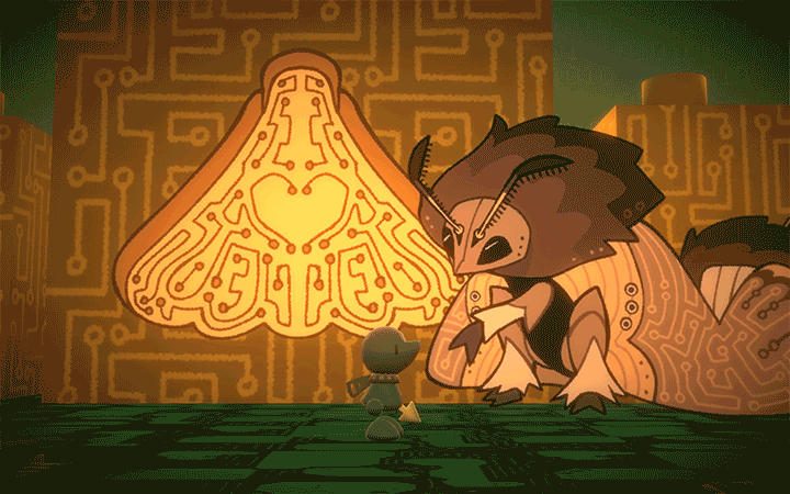 Gif of a massive mechnical moth with circuitry patterns standings before a glowing, moth shaped indent on a wall. Its antennae are moving around.