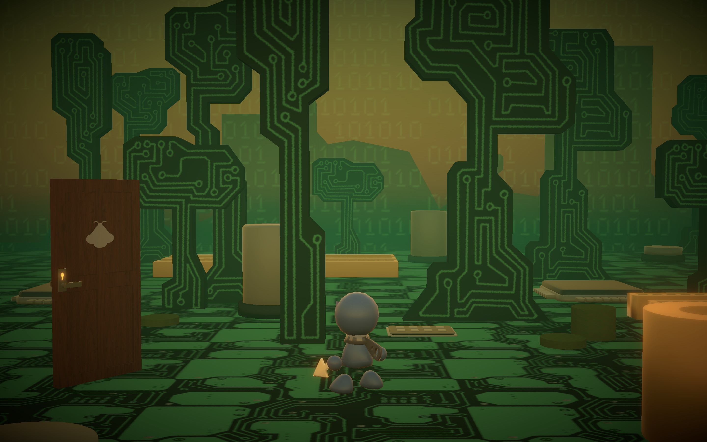 A green motherboard inspired area  detailed by circuitry patterns with mechanical bits shaped like trees, and  many zeroes and ones floating in the background.
