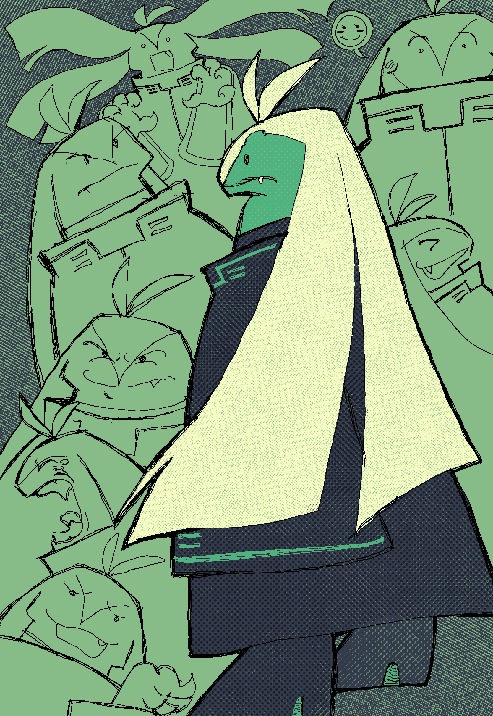 A collage of one character, a green and yellow rabbit like anthro with two pairs of long, droopy, silky ears. They wear a high collar, long black trenchcoat and black boots. They're standing, superimposed against a collage of them exhibiting different expressions: a wide smile, frustration, a yawn, a smirk, and one where their ears are floating and they have an ominous expression.