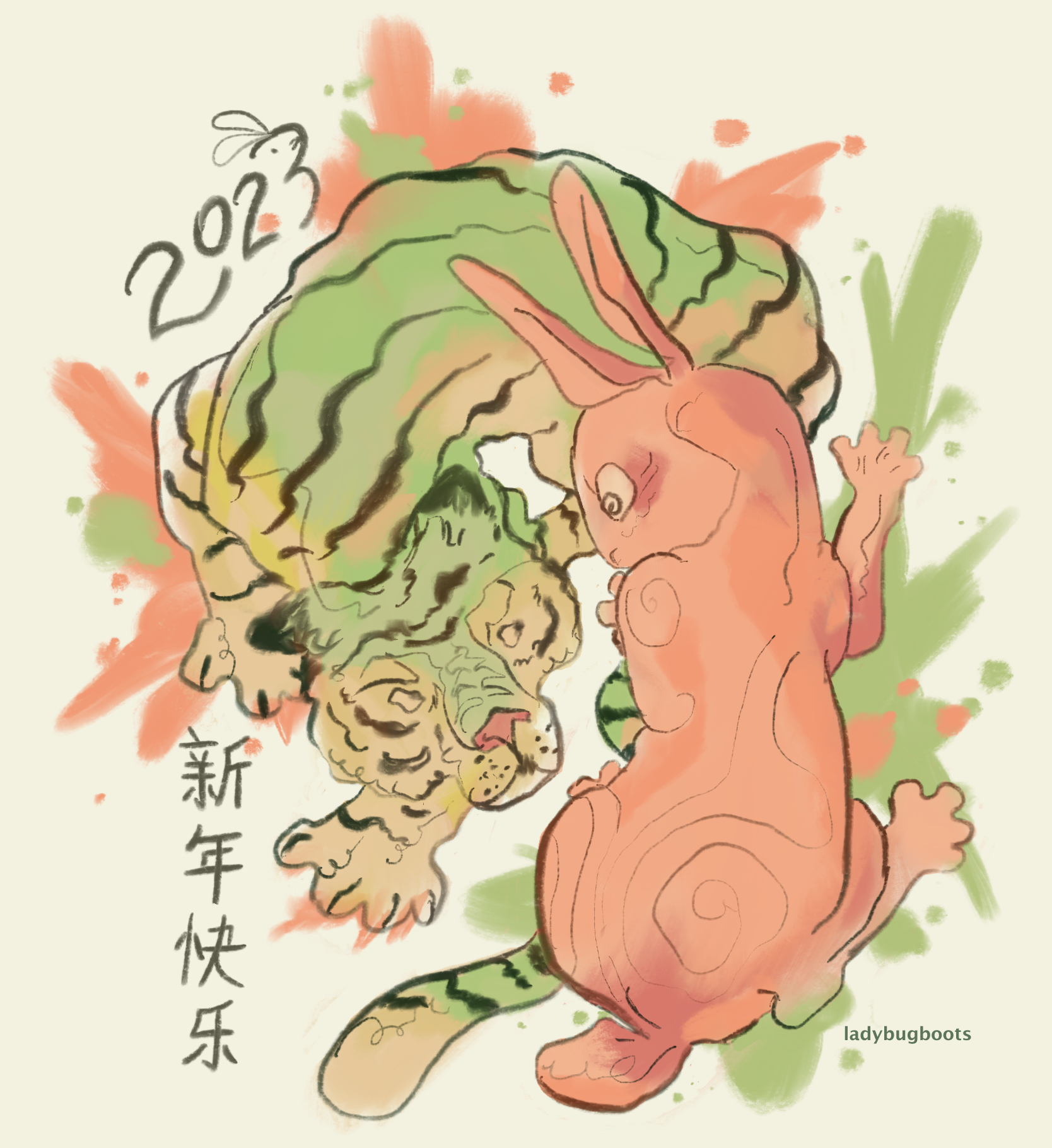 A green tiger and an orange rabbit the same size lock gazes, surrounded by splatters of green and orange. 2023 is written with a rabbit face in the three, and below is 'Happy New Years' written in Chinese.