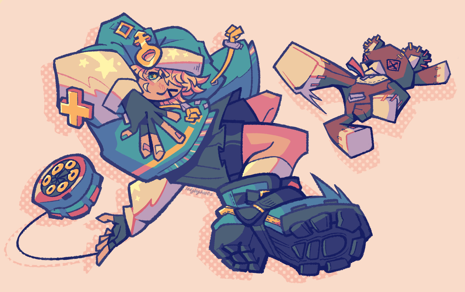 Fanart of Bridget from Guilty Gear Strive. She's posing with her teddy bear, winking with a grin. Bridget is shown from a dynamic lower camera angle, mid jump with one hand raised, and one swinging her yoyo behind her. Her nails are painted with the trans flag colors, as well as the hem of her jacket. To the right is her teddy bear doing a flying kick.