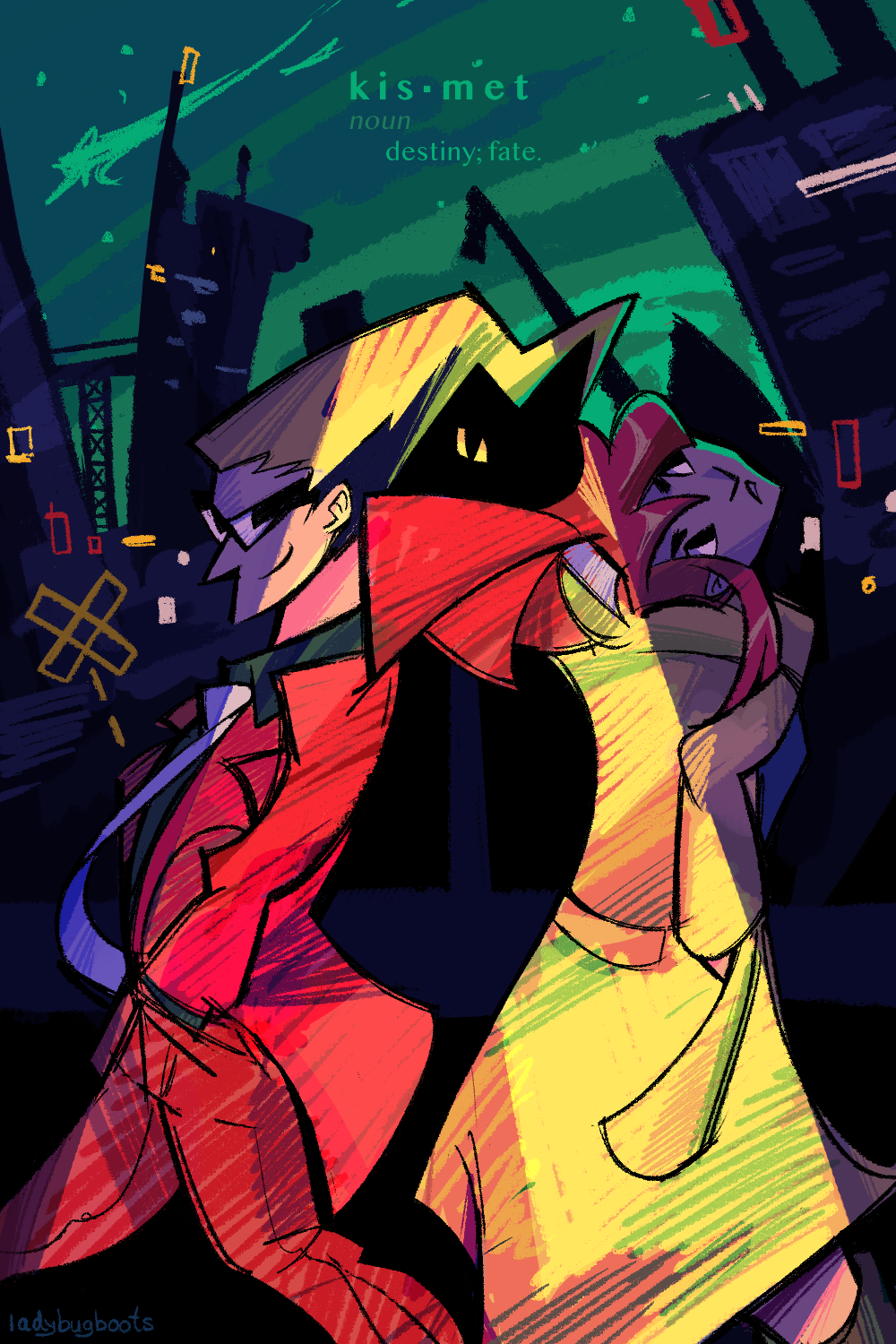 Fanart of Sissel and Lynne from Ghost Trick. They are walking away from each other as a spotlight in the middle casts their faces in shadow. The empty space between them forms the shape of a cat, with Lynne's hair acting as the ascot, and it has a single yellow eye. Both Sissel and Lynne have their hands in their pockets; Sissel is walking in a great stride with a smirk on his face. Lynne is looking skywards with anticipation. Behind them looms an abstracted cityscape. The night sky is cool green, and a shooting star can be seen alongside a peppering of stars. At the top reads the definition for 'kismet. noun: destiny; fate.'