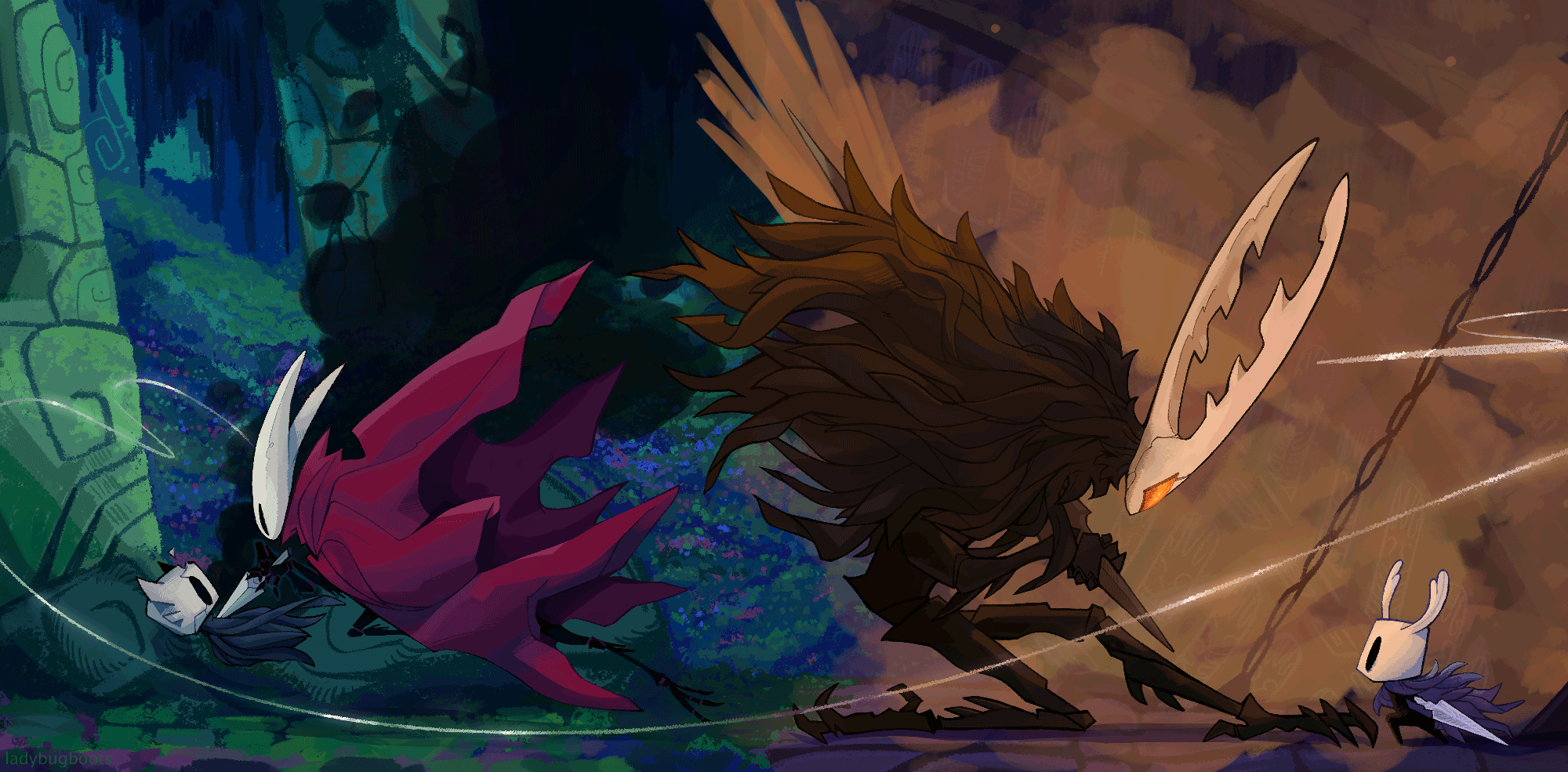 Fanart of Hollow Knight. Two scenes overlap in the middle, the left side taking place in Greenpath's lush overgrowth, and the right side inside of the Temple of the Black Egg's polluted orange air. In Greenpath, Hornet plunges a four horned vessel's body with its own nail. Its knocked against a rock and a chip of its mask goes flying off. Animated black plumes of void billow out of the vessel. In the Temple, the Hollow Knight is kneeling, stabbing itself in the chest. The Knight stands at its feet, looking up, wielding its pure nail at its side. Animated orange liquid bursts from the Hollow Knight. A shiny needle flies at the Hollow Knight, the attached thread extending across the scenes, originating from Hornet.