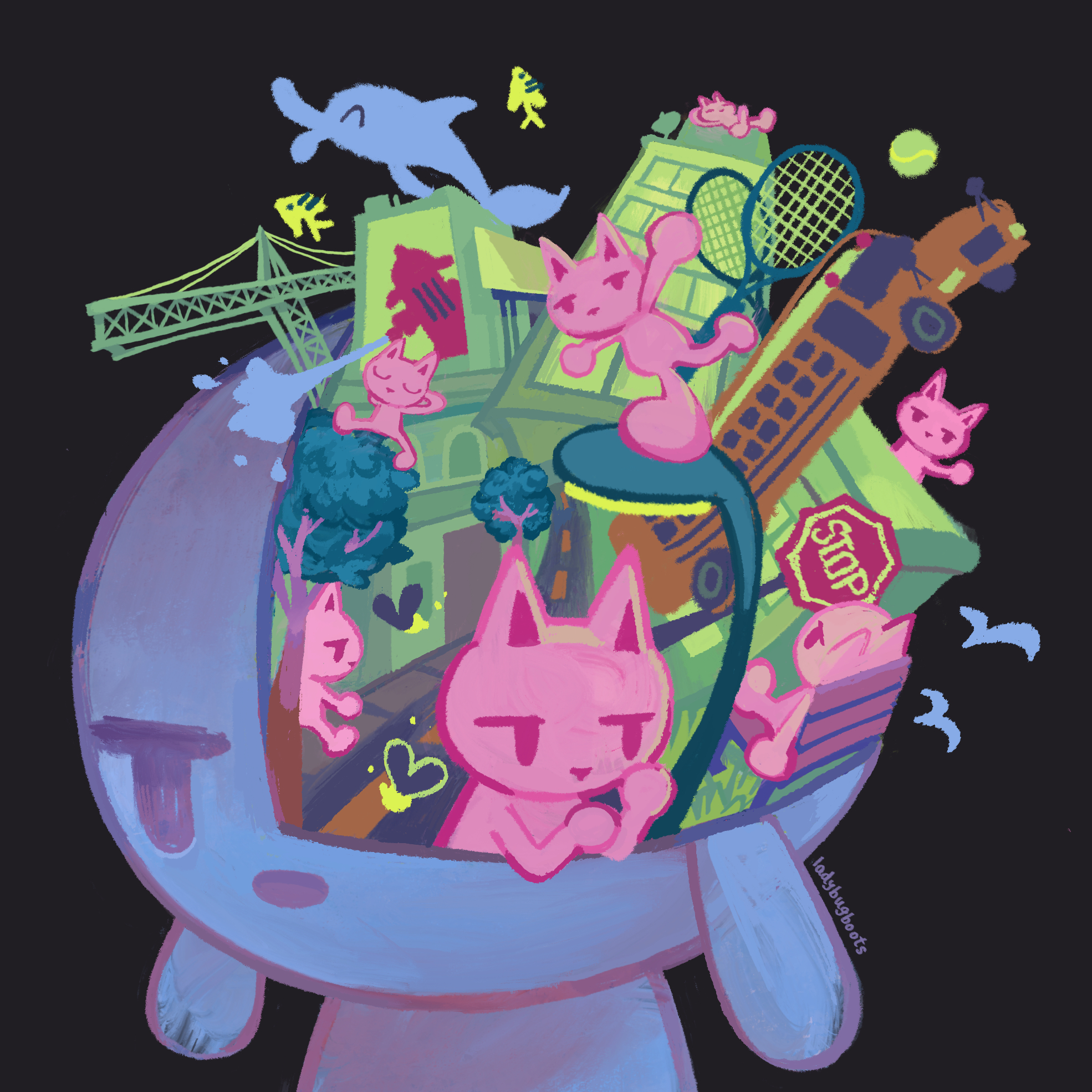 Digital illustration of a blue cartoon dog, with a chaotic city scene bursting from one quarter of their expressionless face. Multiples of the same pink anthro cat are walking or lounging around the scene. The scene includes buildings, trees, a stop sign, lamppost, school bus, a dolphin, fish, and tennis rackets.
