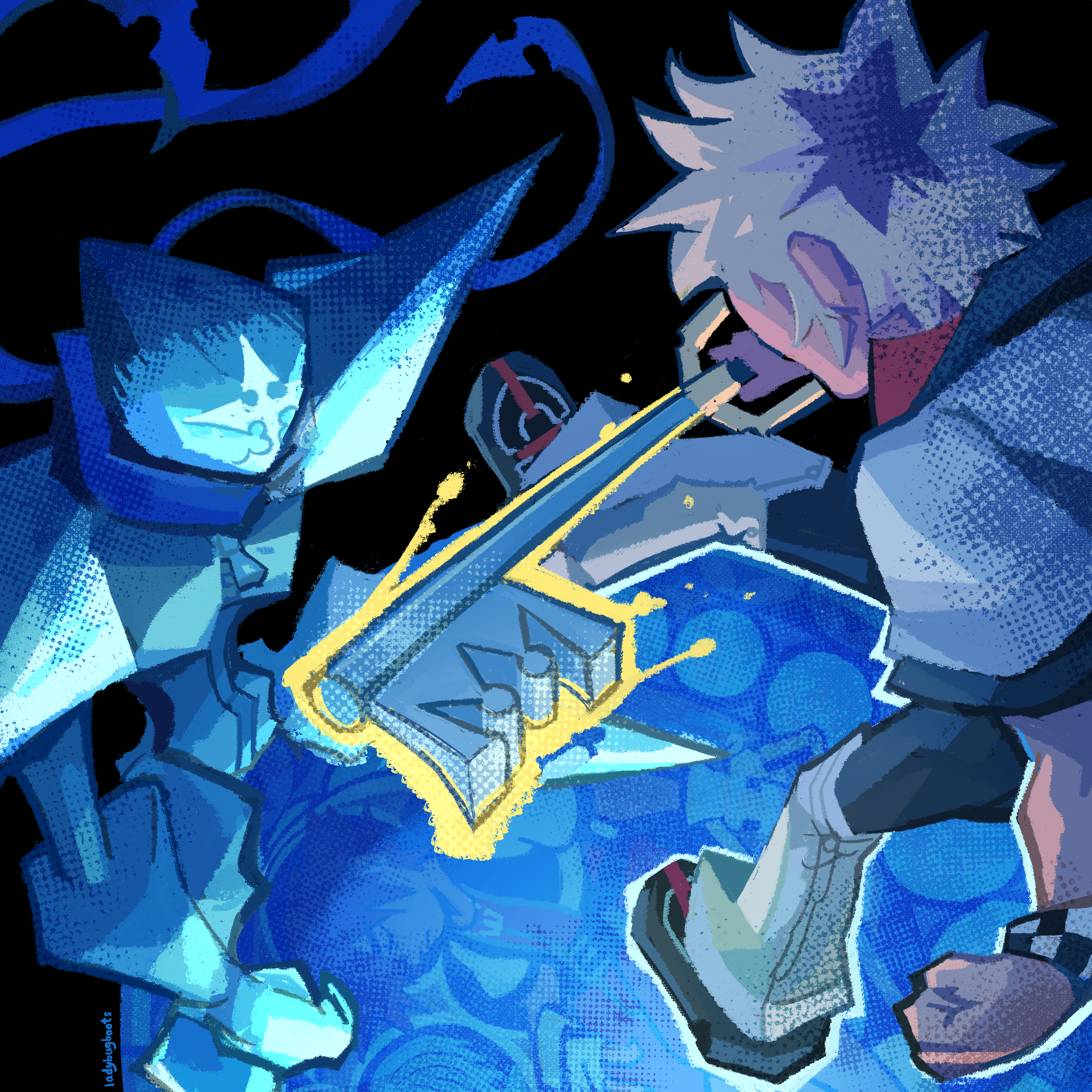 Fanart of Roxas from Kingdom Hearts. We are looking from over his shoulder. He's leaping in the air and wielding the keyblade before him, which glows yellow. Below, Twilight Thorn stands on the heart station, looking up at him.