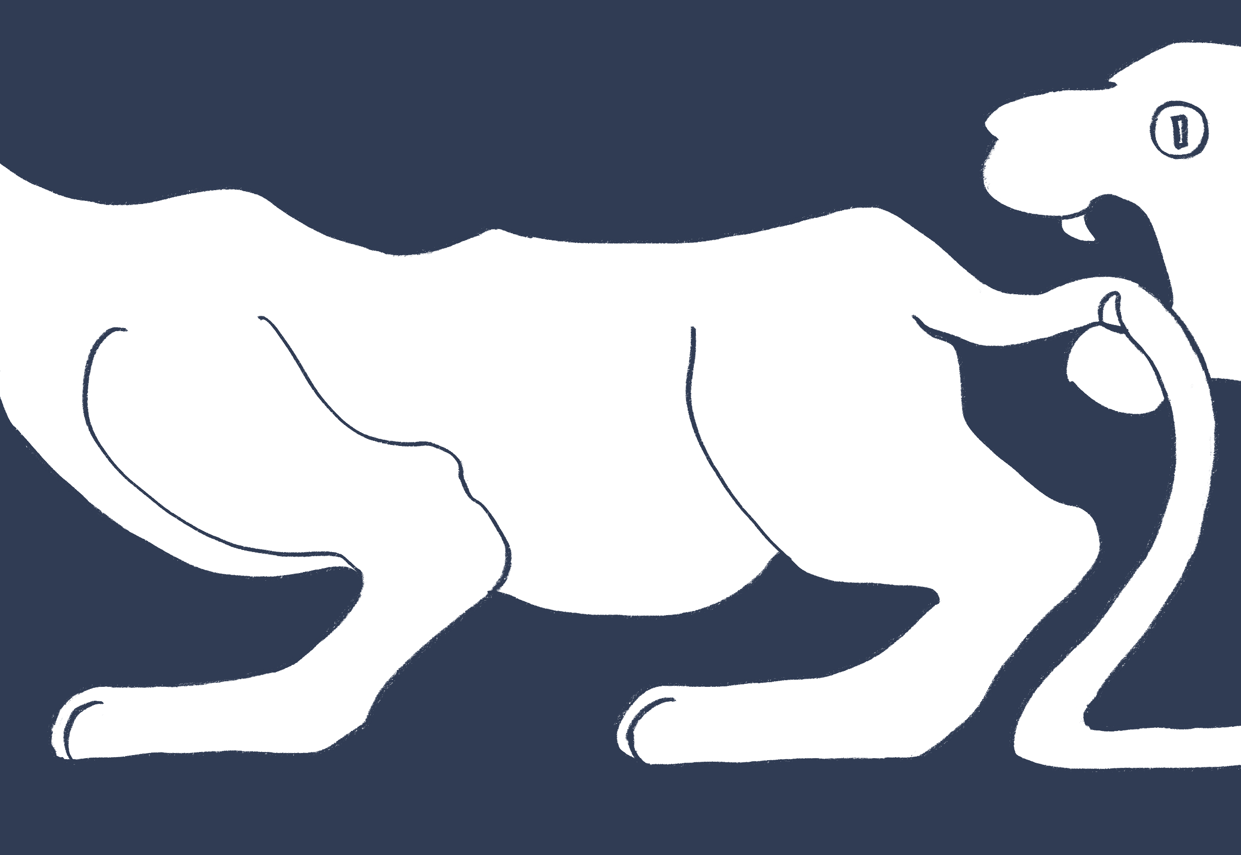 Sideview of a white big cat, like a tiger or leopard. Its crouched and leaning forward. Its head is cropped off on the left side, and appears on the right, carrying its own limp tail in its mouth.