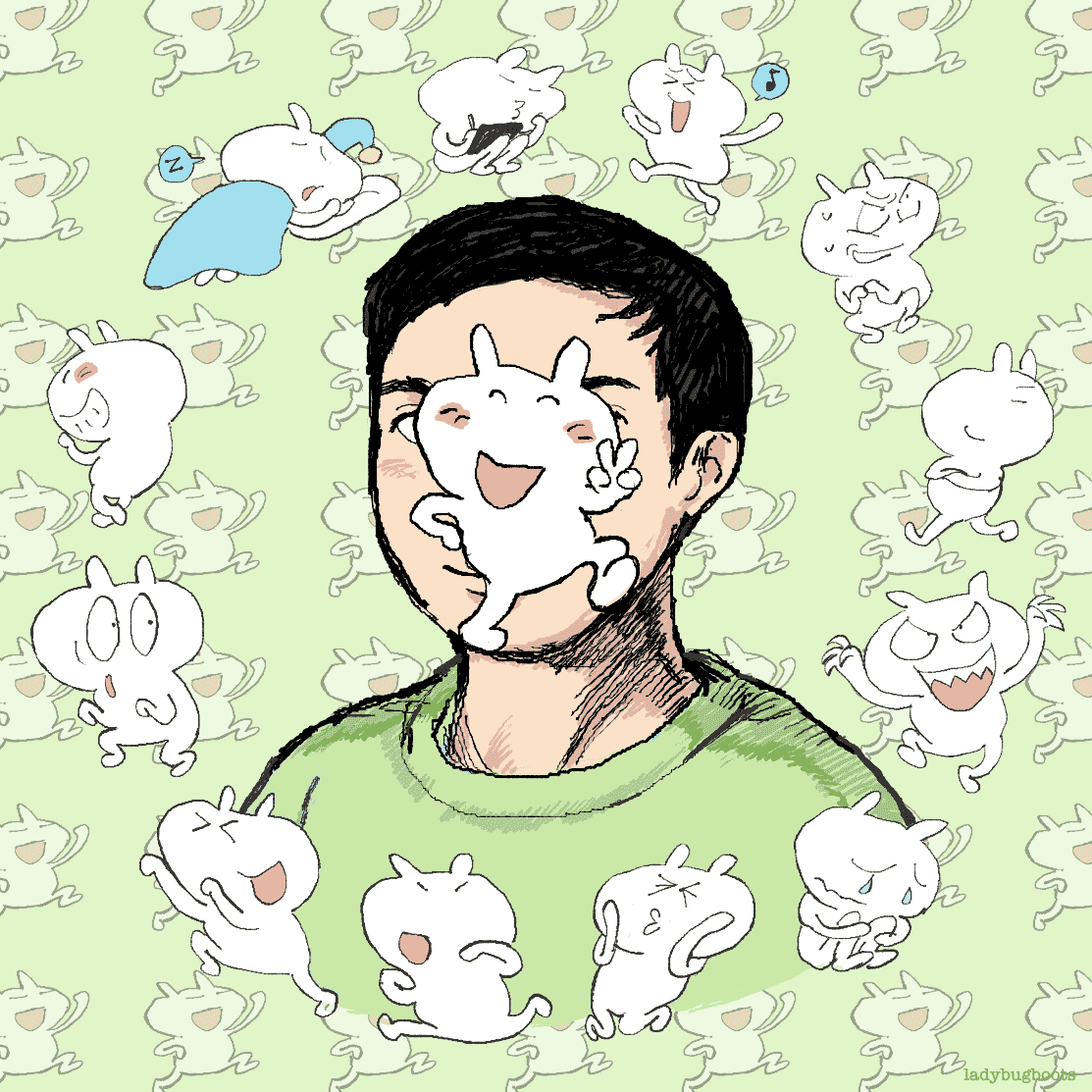 A self portrait of a pale person with short, dark hair, wearing a green t-shirt. Their face is mostly obscured by a white, cartoon rabbit, who is smiling and making a V sign at the camera. They are surrounded by a ring of rabbits, all making various poses and expressions, such as worry, glee, singing, sleeping, drawing, dancing, crying, relaxed, etc. Behind is a looping animation of the rabbit dancing, repeated across the entire, pale green background.