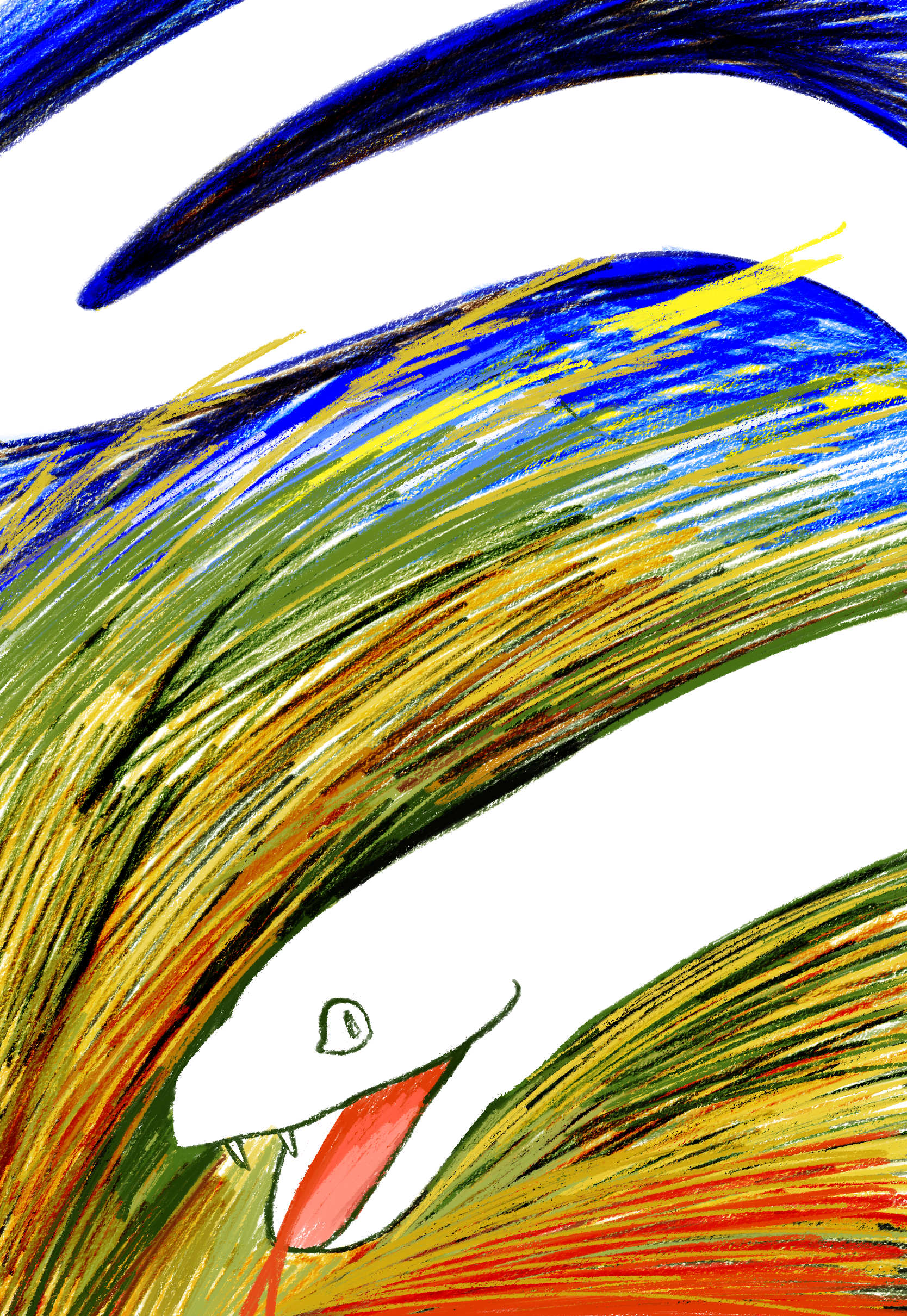 A white snake curves down from the dark blue sky into a green, yellow and red field. The grass is drawn with long, sweeping lines emphasizing speed.