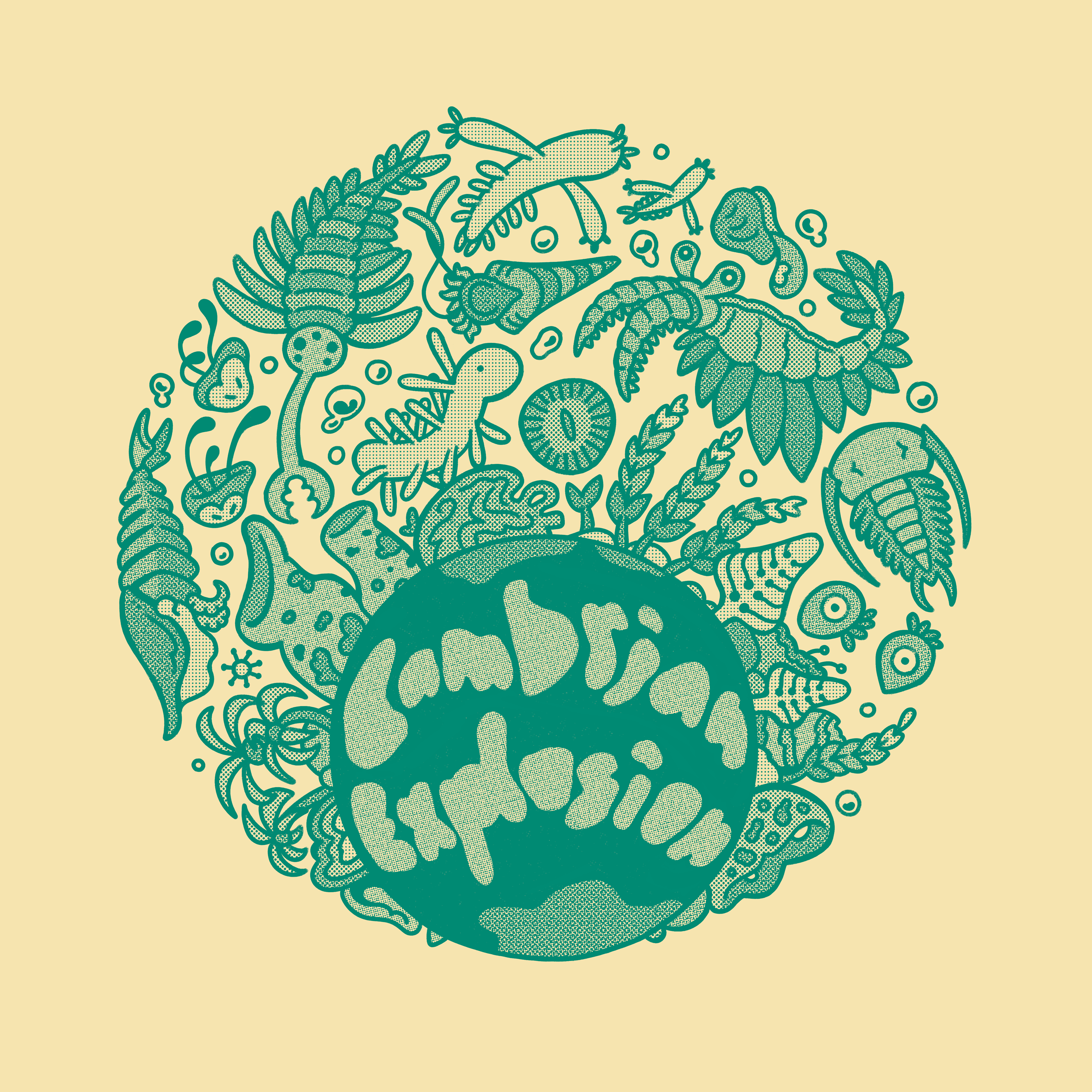 A plethora of Cambrian era lifeforms fill in a circle around planet Earth, whose land masses spell out,'Cambrian Explosion'.