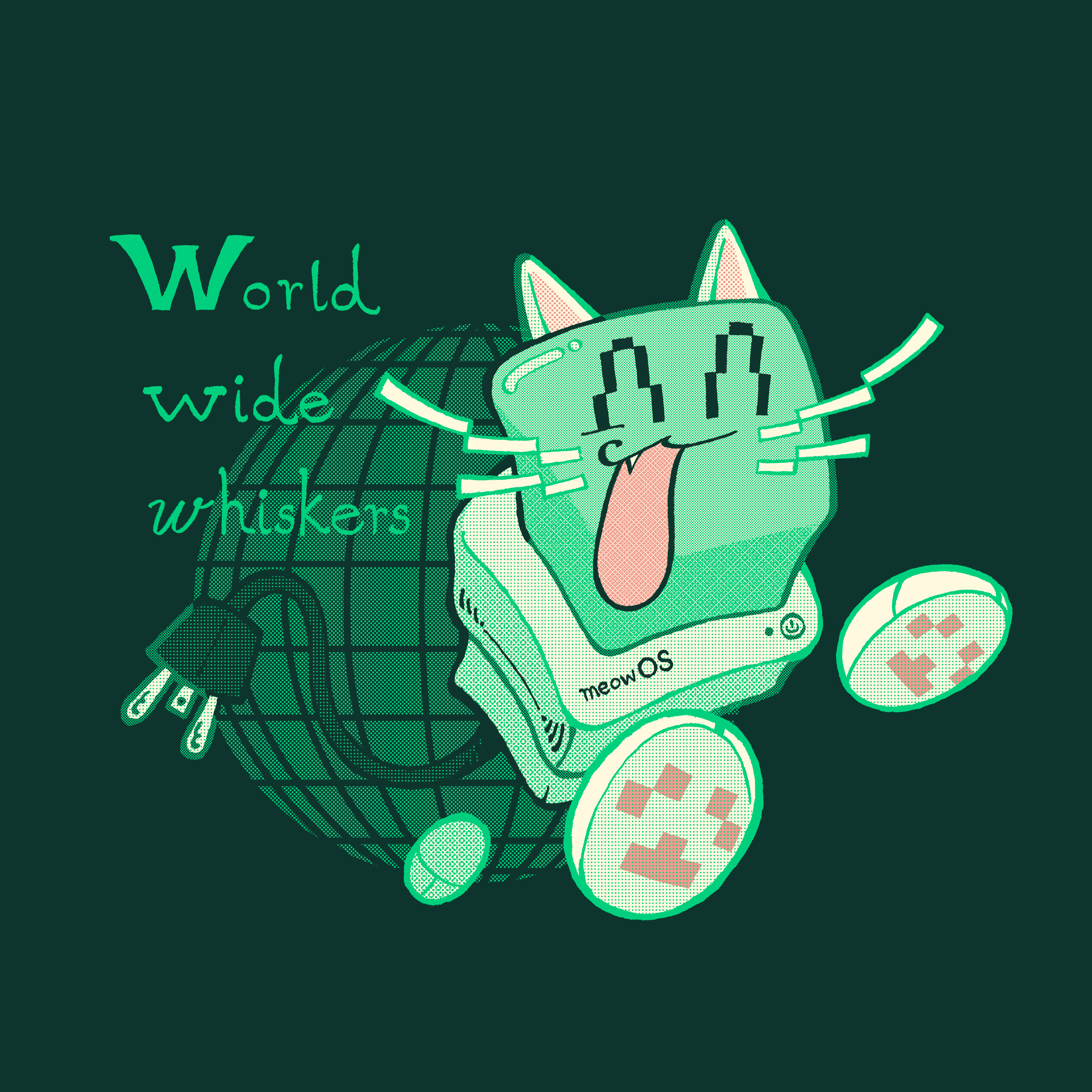 A computer head cat leaps at the camera, its paws are computer mice and its tail a plug. It says, 'World wide whiskers' next to it, each letter W being a different font. Behind it is a globe with a grid.