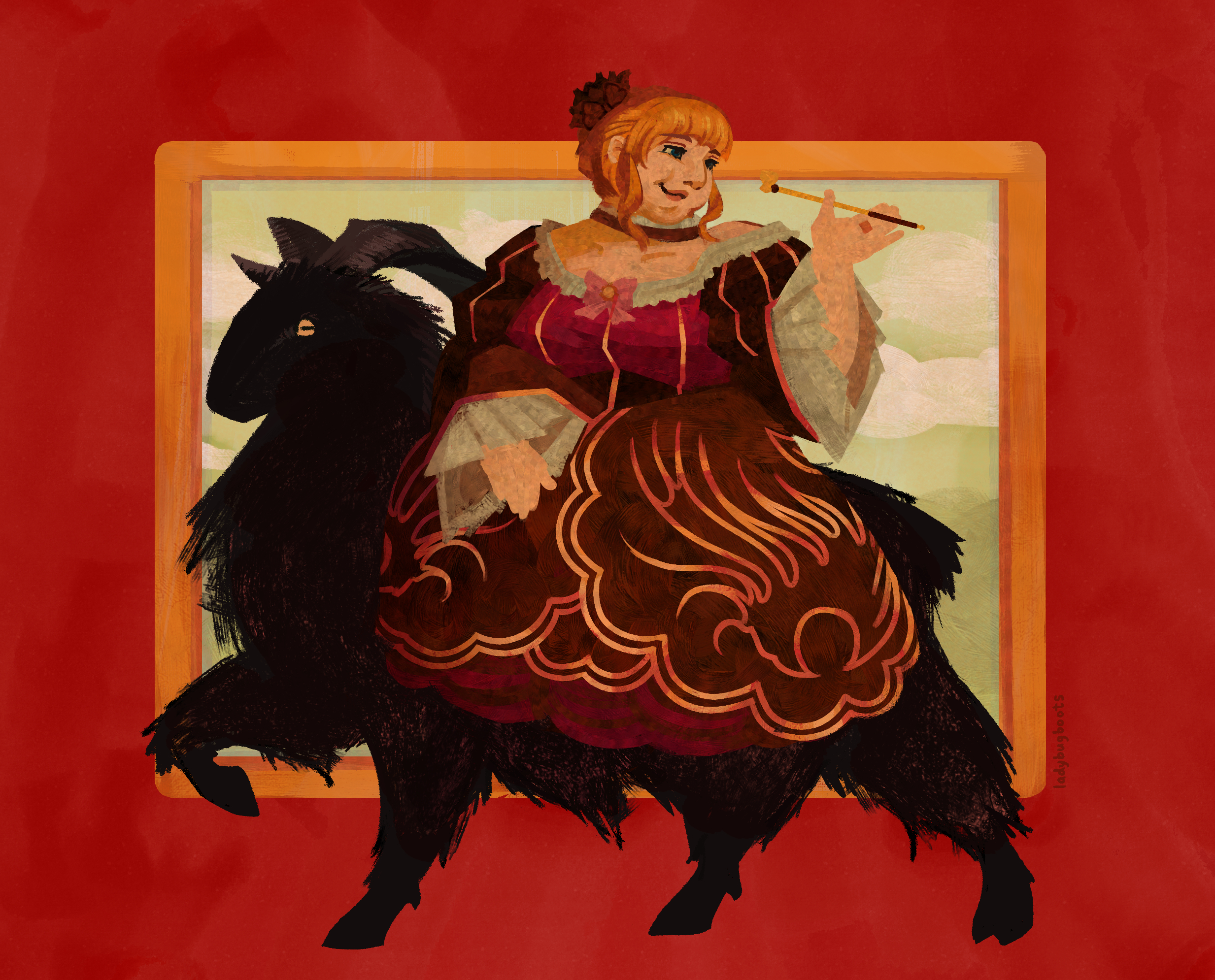 Fanart of Beatrice from Umineko. She is sitting atop a horse sized black goat. Behind is a large golden framed painting of a green landscape, against solid red background. Beatrice is fat and has a double chin. She is holding her pipe up, with her other hand resting in her lap, smiling with a serene expression.