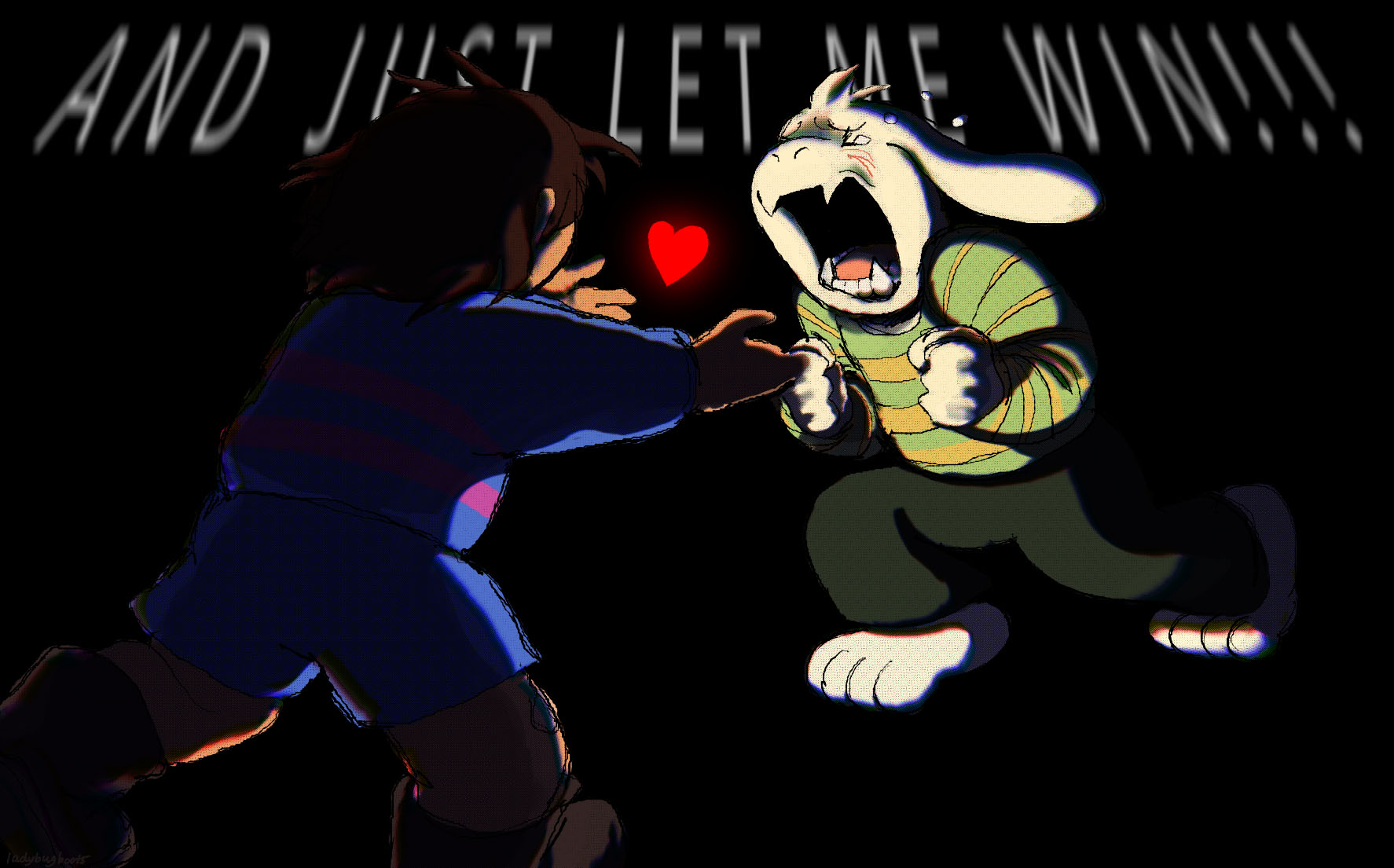 Digital illustration of Frisk and Asriel from Undertale. Frisk, facing away from the camera, is stepping towards Asriel with arms extended, their soul glowing in front of them. Asriel clenches his fists, pained expression, eyes closed as he cries out, 'AND JUST LET ME WIN!!!'. Tears float behind him.